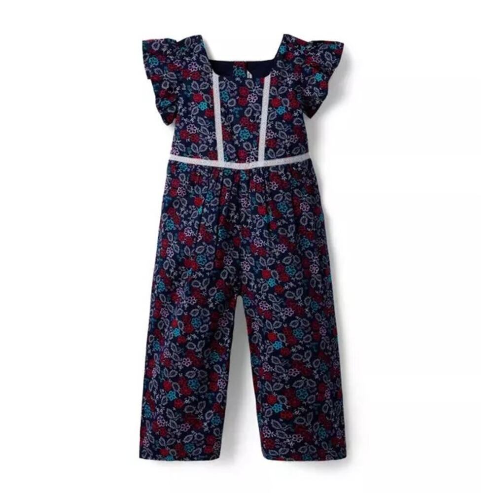 Janie and Jack Girls Floral Jumpsuit Wide Leg Flutter Sleeve Blue Red Size‎ 5